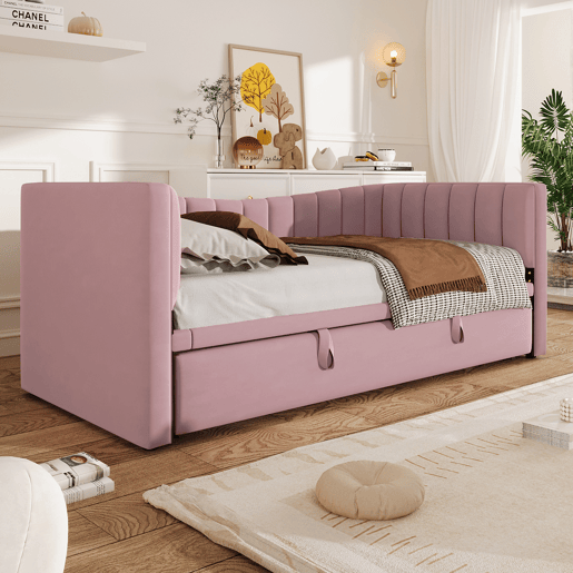 Sofá-cama, 90 x 200 cm (180 x 200 cm) - Cama individual, cama de casal, com cama extraível, estilo minimalista, Rosa