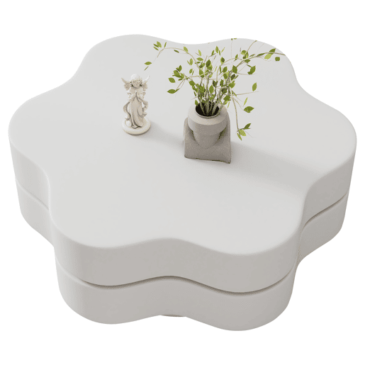 Mesa de centro 74,8 x 67,5 x 31 cm - Mesa de café em forma de flor, tampo giratório 360°, com 2 prateleiras, cor creme