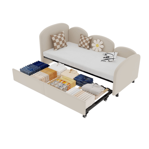 Sofá-cama tamanho twin - com gavetas de arrumação, estofado em veludo - bege