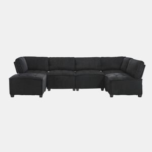 Sofá modular 308 cm - 6 lugares, veludo cotelê, ergonómico, com bolsos de arrumação, convertível em forma de UL ou sofá-cama, estrutura em madeira e metal, fácil montagem - Preto