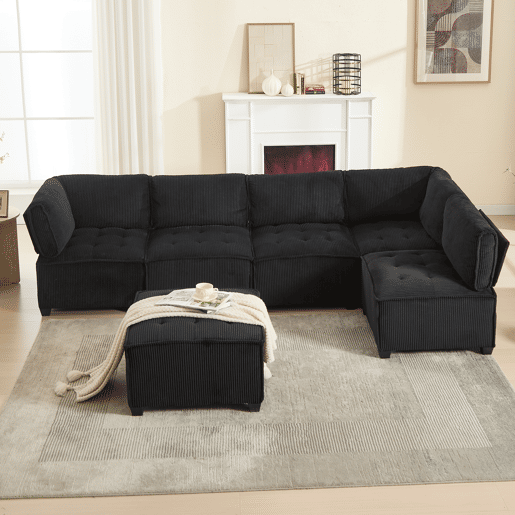 Sofá modular 308 cm - 6 lugares, veludo cotelê, ergonómico, com bolsos de arrumação, convertível em forma de UL ou sofá-cama, estrutura em madeira e metal, fácil montagem - Preto