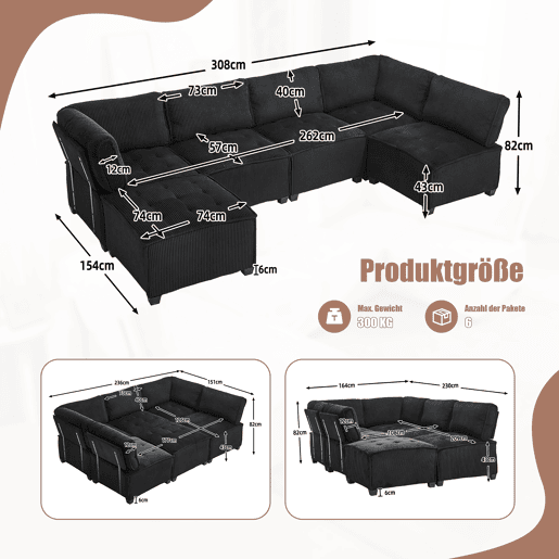 Sofá modular 308 cm - 6 lugares, veludo cotelê, ergonómico, com bolsos de arrumação, convertível em forma de UL ou sofá-cama, estrutura em madeira e metal, fácil montagem - Preto