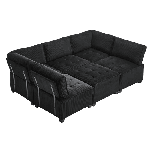 Sofá modular 308 cm - 6 lugares, veludo cotelê, ergonómico, com bolsos de arrumação, convertível em forma de UL ou sofá-cama, estrutura em madeira e metal, fácil montagem - Preto