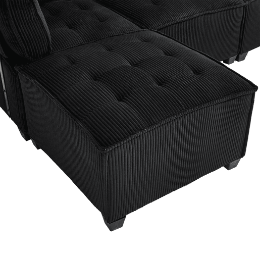 Sofá modular 308 cm - 6 lugares, veludo cotelê, ergonómico, com bolsos de arrumação, convertível em forma de UL ou sofá-cama, estrutura em madeira e metal, fácil montagem - Preto