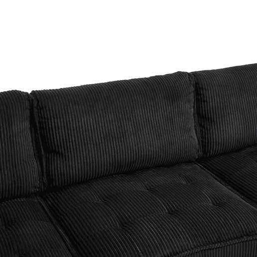Sofá modular 308 cm - 6 lugares, veludo cotelê, ergonómico, com bolsos de arrumação, convertível em forma de UL ou sofá-cama, estrutura em madeira e metal, fácil montagem - Preto