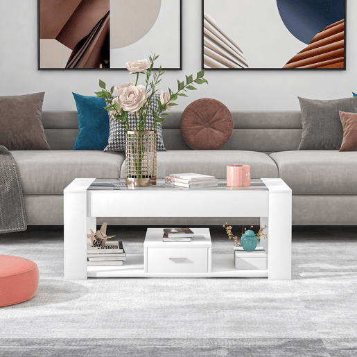 Mesa de sala 100x50x40 cm - Com superfície de vidro, compartimentos e arrumação - Branca Mesa de sala 100x50x40 cm - Com superfície de vidro, compartimentos e arrumação - Branca