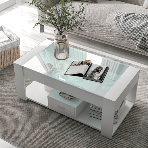 Mesa de sala 100x50x40 cm - Com superfície de vidro, compartimentos e arrumação - Branca Mesa de sala 100x50x40 cm - Com superfície de vidro, compartimentos e arrumação - Branca