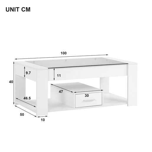 Mesa de sala 100x50x40 cm - Com superfície de vidro, compartimentos e arrumação - Branca Mesa de sala 100x50x40 cm - Com superfície de vidro, compartimentos e arrumação - Branca