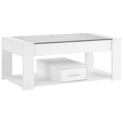 Mesa de sala 100x50x40 cm - Com superfície de vidro, compartimentos e arrumação - Branca Mesa de sala 100x50x40 cm - Com superfície de vidro, compartimentos e arrumação - Branca