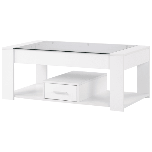 Mesa de sala 100x50x40 cm - Com superfície de vidro, compartimentos e arrumação - Branca Mesa de sala 100x50x40 cm - Com superfície de vidro, compartimentos e arrumação - Branca