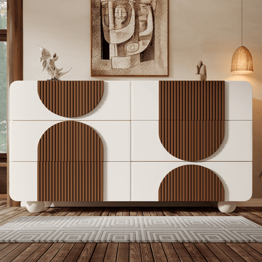 Cômoda dupla de madeira maciça com 6 gavetas,branco+natural