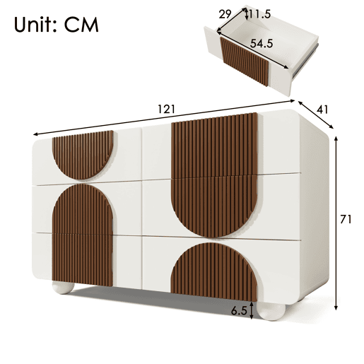 Cômoda dupla de madeira maciça com 6 gavetas,branco+natural