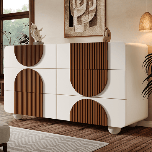 Cômoda dupla de madeira maciça com 6 gavetas,branco+natural