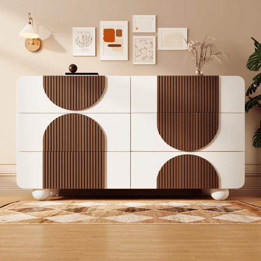 Cômoda dupla de madeira maciça com 6 gavetas,branco+natural