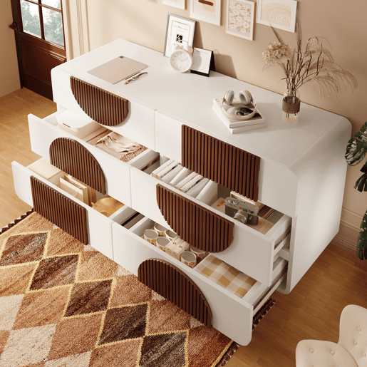 Cômoda dupla de madeira maciça com 6 gavetas,branco+natural