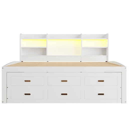Sofá-cama, Daybett, 140x200cm - Comando LED, 3 gavetas, prateleira de mesa de cabeceira, cama extensível multifuncional com USB + Type-C, sem colchão - Branco