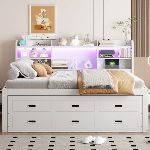 Sofá-cama, Daybett, 140x200cm - Comando LED, 3 gavetas, prateleira de mesa de cabeceira, cama extensível multifuncional com USB + Type-C, sem colchão - Branco