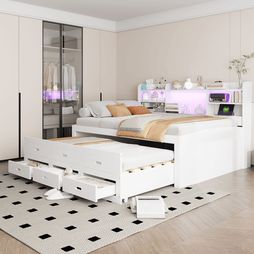 Sofá-cama, Daybett, 140x200cm - Comando LED, 3 gavetas, prateleira de mesa de cabeceira, cama extensível multifuncional com USB + Type-C, sem colchão - Branco