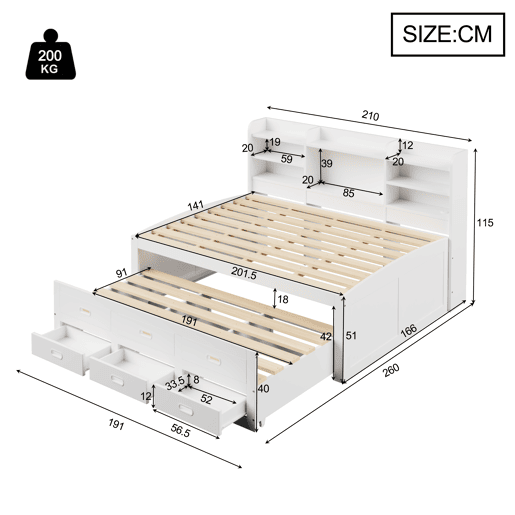 Sofá-cama, Daybett, 140x200cm - Comando LED, 3 gavetas, prateleira de mesa de cabeceira, cama extensível multifuncional com USB + Type-C, sem colchão - Branco