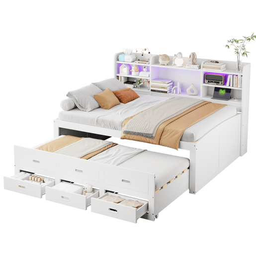 Sofá-cama, Daybett, 140x200cm - Comando LED, 3 gavetas, prateleira de mesa de cabeceira, cama extensível multifuncional com USB + Type-C, sem colchão - Branco
