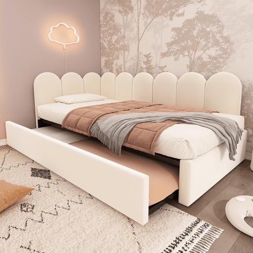 Cama divã 90x200 cm - Sofá-cama com cama extraível 90x190 cm, cama infantil com estrado de ripas, veludo - Bege