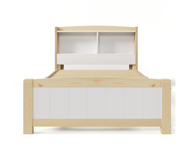 Cama individual 90x200 cm - cabezal, con almacenamiento, con somier, cama de madera maciza, para niños y jóvenes, pino natural y blanco (con colchón)