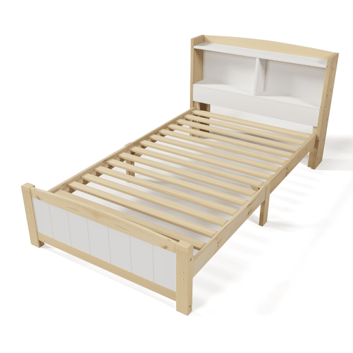 Cama individual 90x200 cm - Cabeceira, com arrumação, com estrado, cama em madeira maciça, para crianças e jovens, pinho natural e branco (com colchão)