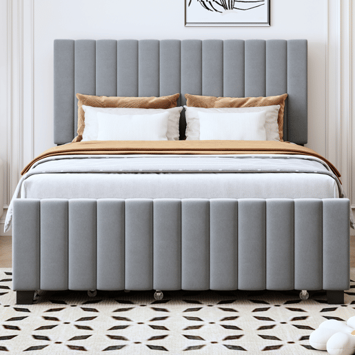 Cama estofada 140x190 cm com cama extraível e 2 gavetas - cama baixa dupla em veludo hipoalergénico para crianças e jovens - cinzenta (sem colchão)