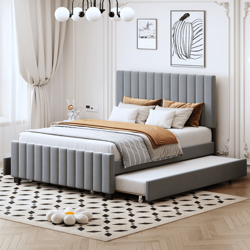 Cama estofada 140x190 cm com cama extraível e 2 gavetas - cama baixa dupla em veludo hipoalergénico para crianças e jovens - cinzenta (sem colchão)