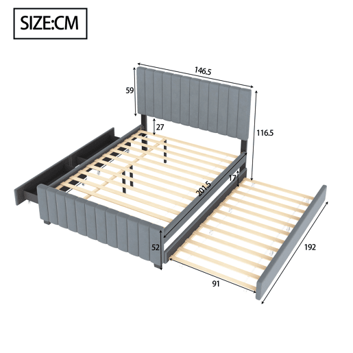 Cama estofada 140x190 cm com cama extraível e 2 gavetas - cama baixa dupla em veludo hipoalergénico para crianças e jovens - cinzenta (sem colchão)