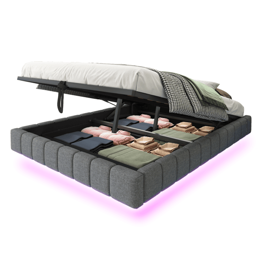 Cama estofada 140x200 cm - Estrutura flutuante hidráulica com arrumação, cama multifuncional sem cabeceira com luz LED - Cinza