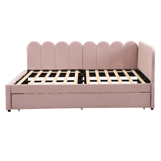 Sofá-cama em forma de L 140x200 cm - Encosto com flores e cama extraível - Veludo rosa