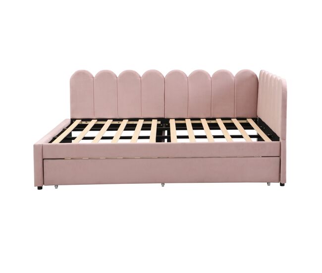 Sofá cama l-form 140x200 cm - respaldo con flores y cama extraíble - rosa terciopelo