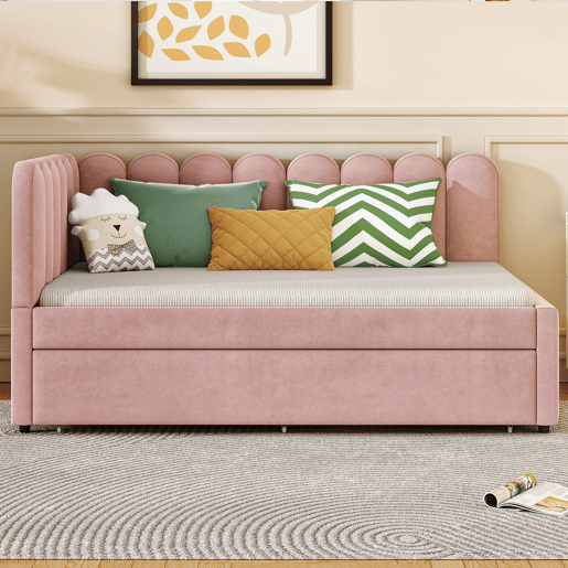 Sofá-cama em forma de L 140x200 cm - Encosto com flores e cama extraível - Veludo rosa