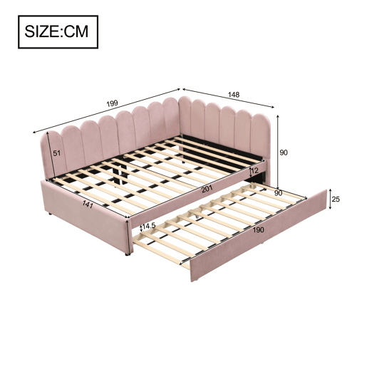 Sofá-cama em forma de L 140x200 cm - Encosto com flores e cama extraível - Veludo rosa