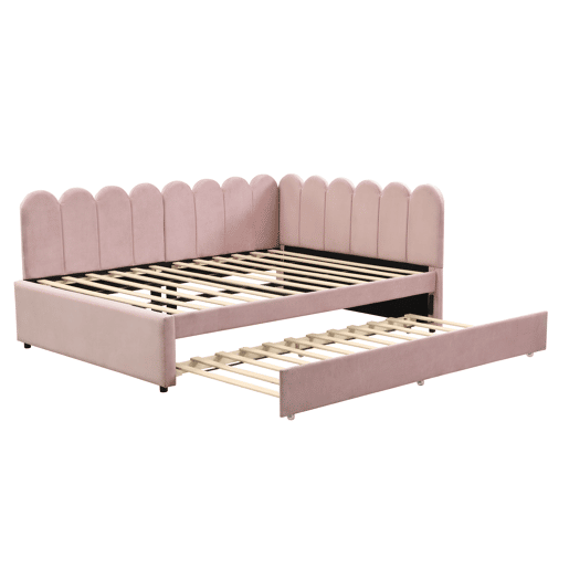 Sofá-cama em forma de L 140x200 cm - Encosto com flores e cama extraível - Veludo rosa