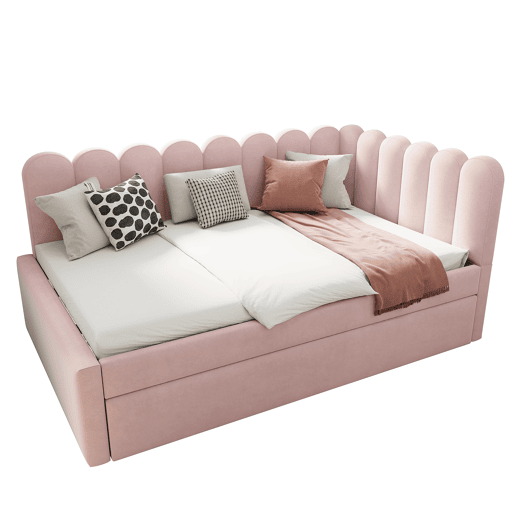 Sofá-cama em forma de L 140x200 cm - Encosto com flores e cama extraível - Veludo rosa