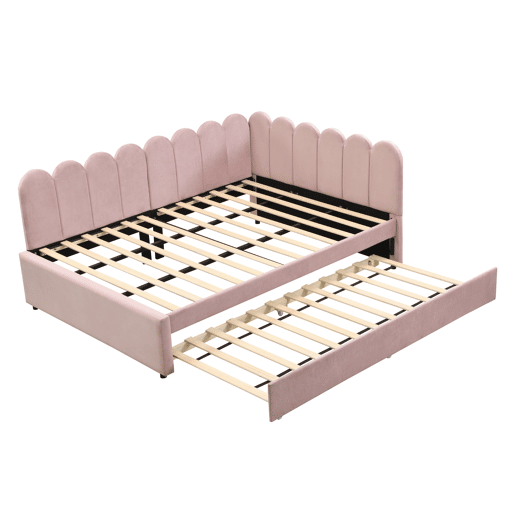 Sofá-cama em forma de L 140x200 cm - Encosto com flores e cama extraível - Veludo rosa