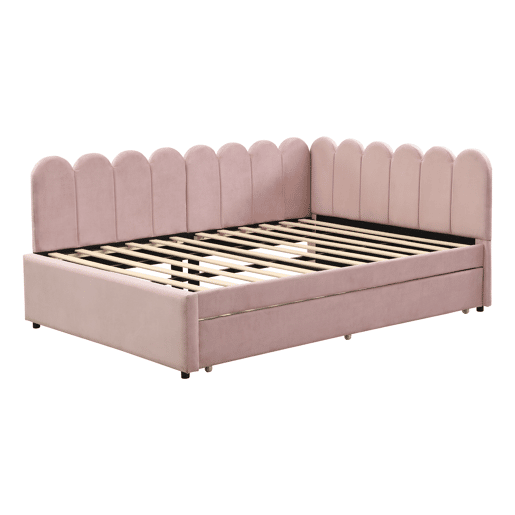 Sofá-cama em forma de L 140x200 cm - Encosto com flores e cama extraível - Veludo rosa