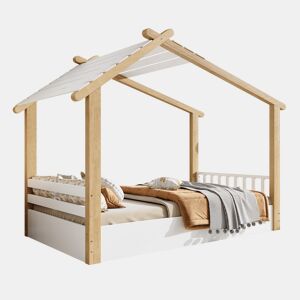 Cama-casa,cama de criança de madeira de pinho 90x200cm,branco+natural