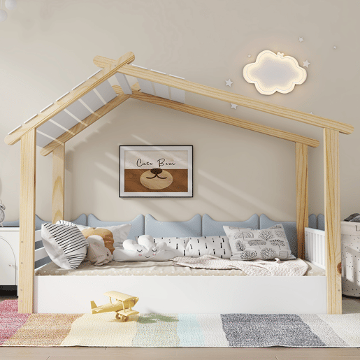 Cama-casa,cama de criança de madeira de pinho 90x200cm,branco+natural