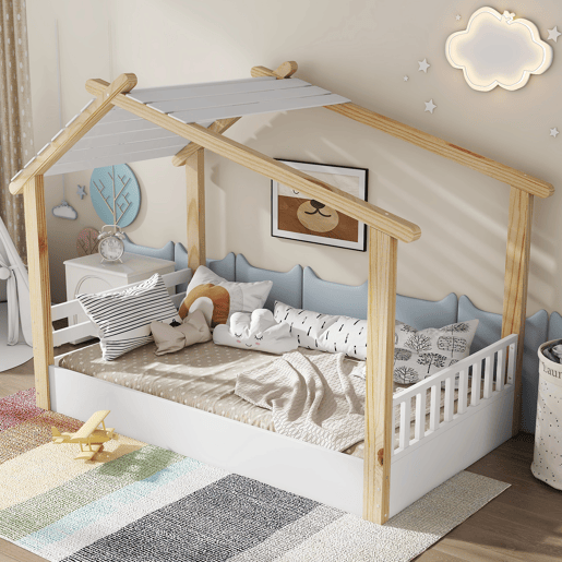 Cama-casa,cama de criança de madeira de pinho 90x200cm,branco+natural