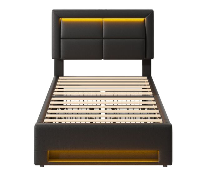 Cama tapizada 90x190 - con puerto usb, carga inalámbrica y cableada, led y 4 cajones - negro