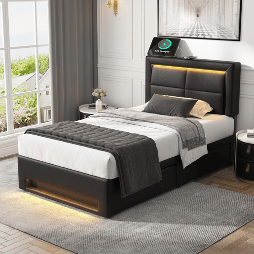 Cama estofada 90x190 - com porta USB, carregamento sem fios e com fios, LED e 4 gavetas - Preto