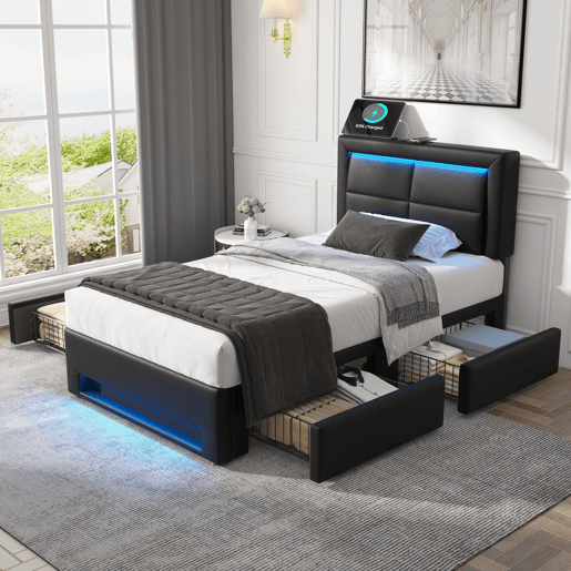 Cama estofada 90x190 - com porta USB, carregamento sem fios e com fios, LED e 4 gavetas - Preto