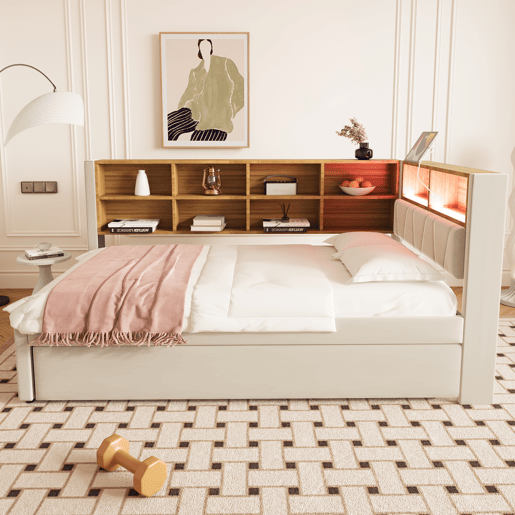 Sofá-cama 90x200 - Cama extraível 90x190, com luzes LED, tomadas e compartimentos, Polsterbett multifuncional, cama individual, Flanela - Bege