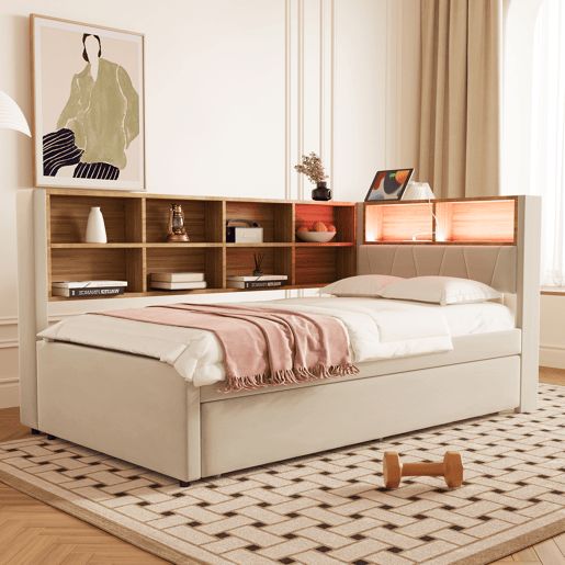 Sofá-cama 90x200 - Cama extraível 90x190, com luzes LED, tomadas e compartimentos, Polsterbett multifuncional, cama individual, Flanela - Bege