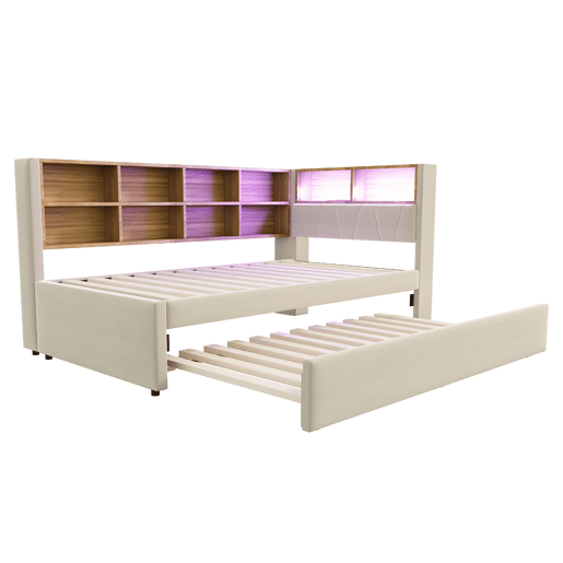 Sofá-cama 90x200 - Cama extraível 90x190, com luzes LED, tomadas e compartimentos, Polsterbett multifuncional, cama individual, Flanela - Bege