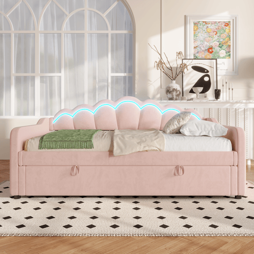 Sofá-cama 90x200 cm - Cama hidráulica com arrumação, LED alterável - Rosa
