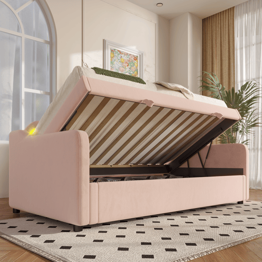 Sofá-cama 90x200 cm - Cama hidráulica com arrumação, LED alterável - Rosa